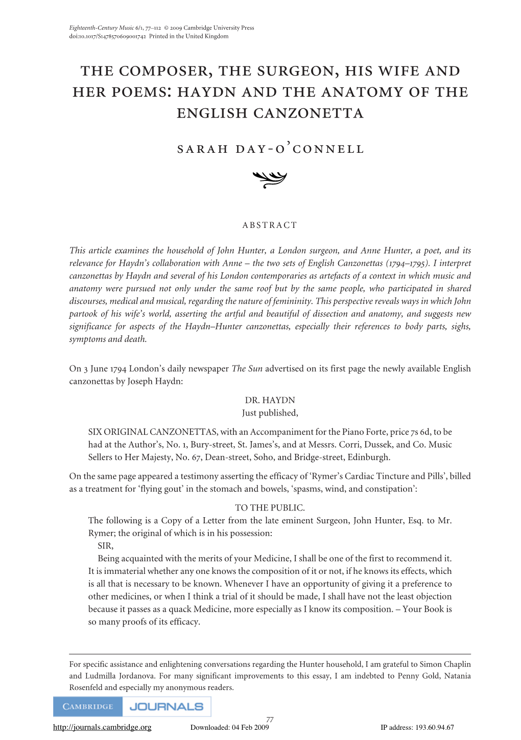 The Composer, the Surgeon, His Wife and Her Poems: Haydn and the Anatomy of the English Canzonetta