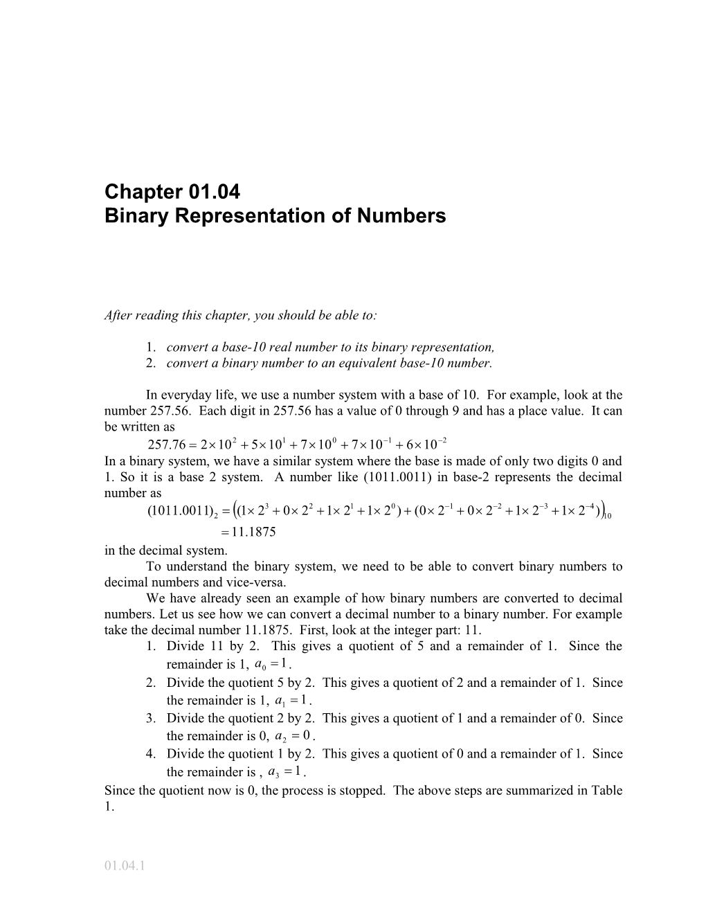 Textbook Notes on Binary Representation of Numbers