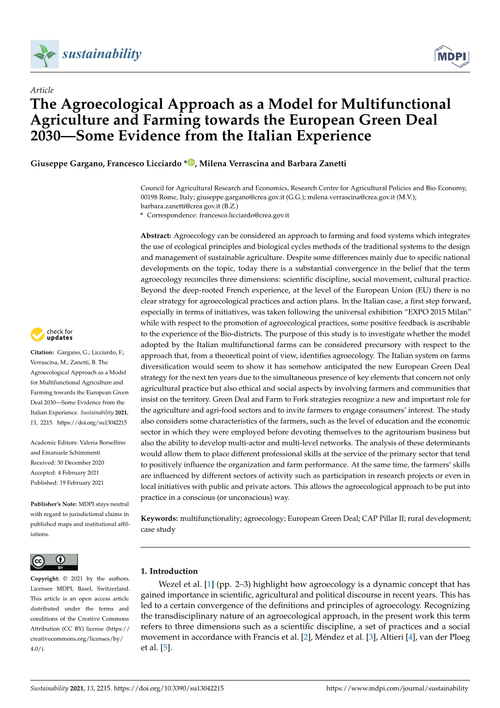 The Agroecological Approach As a Model for Multifunctional Agriculture and Farming Towards the European Green Deal 2030—Some Evidence from the Italian Experience