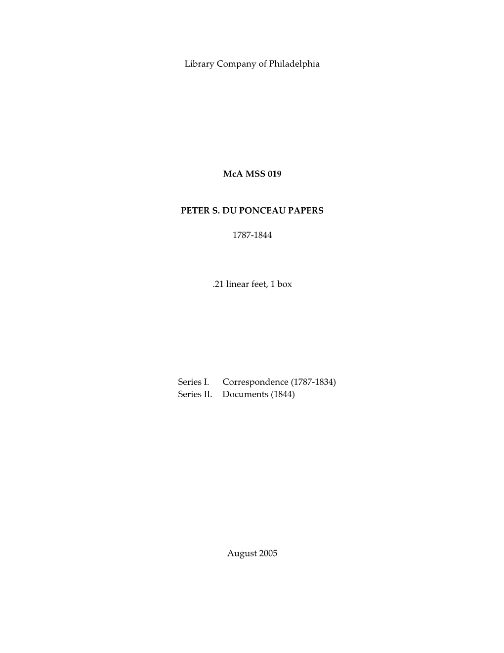 Library Company of Philadelphia Mca MSS 019 PETER S. DU PONCEAU