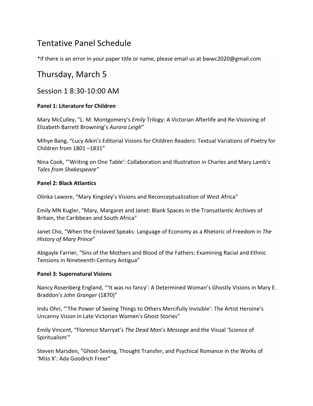Tentative Panel Schedule Thursday, March 5