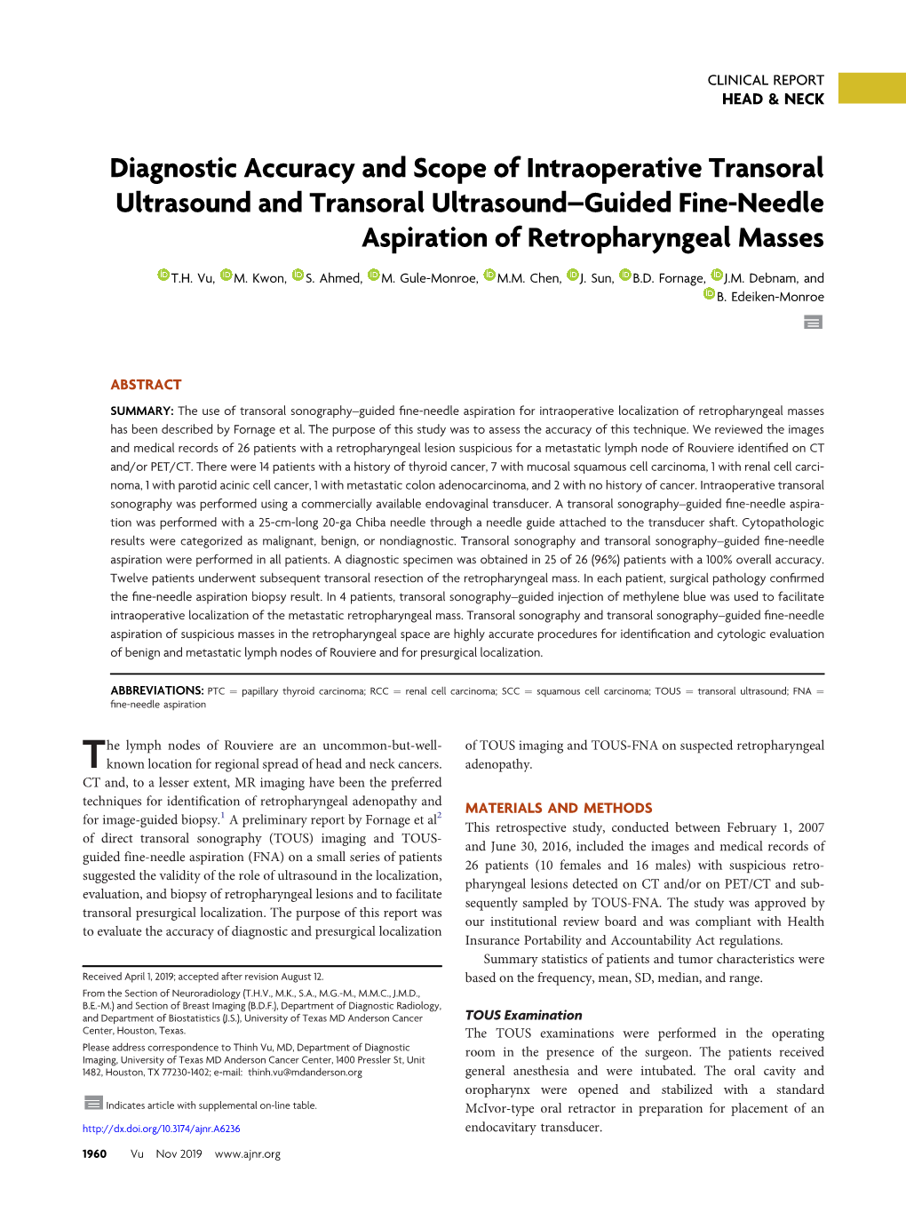 Diagnostic Accuracy and Scope of Intraoperative Transoral Ultrasound and Transoral Ultrasound–Guided Fine-Needle Aspiration of Retropharyngeal Masses