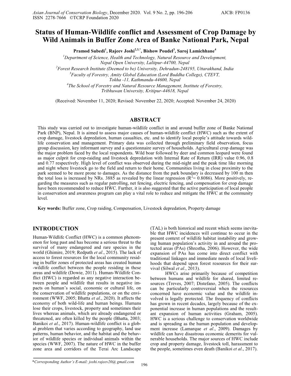 Status of Human-Wildlife Conflict and Assessment of Crop Damage by Wild Animals in Buffer Zone Area of Banke National Park, Nepal