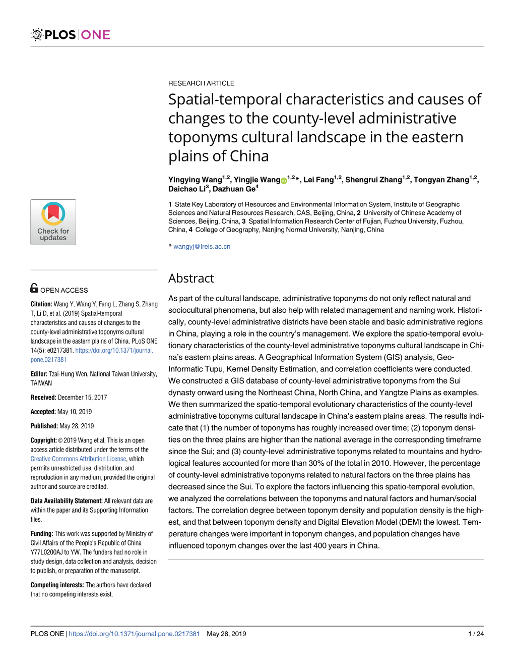 Spatial-Temporal Characteristics and Causes of Changes to the County-Level Administrative Toponyms Cultural Landscape in the Eastern Plains of China