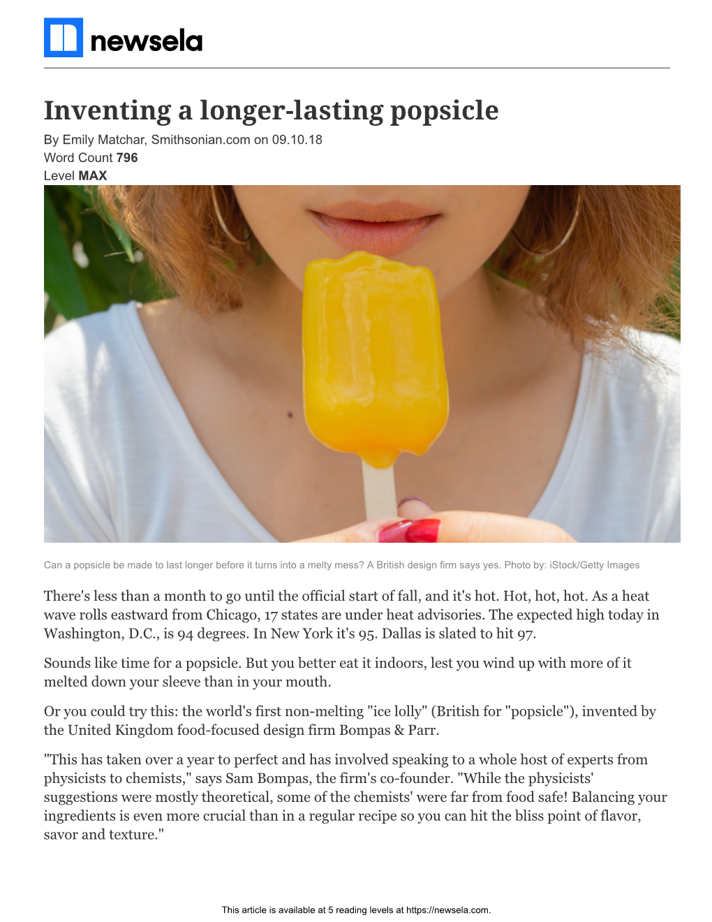 Inventing a Longer-Lasting Popsicle by Emily Matchar, Smithsonian.Com on 09.10.18 Word Count 796 Level MAX