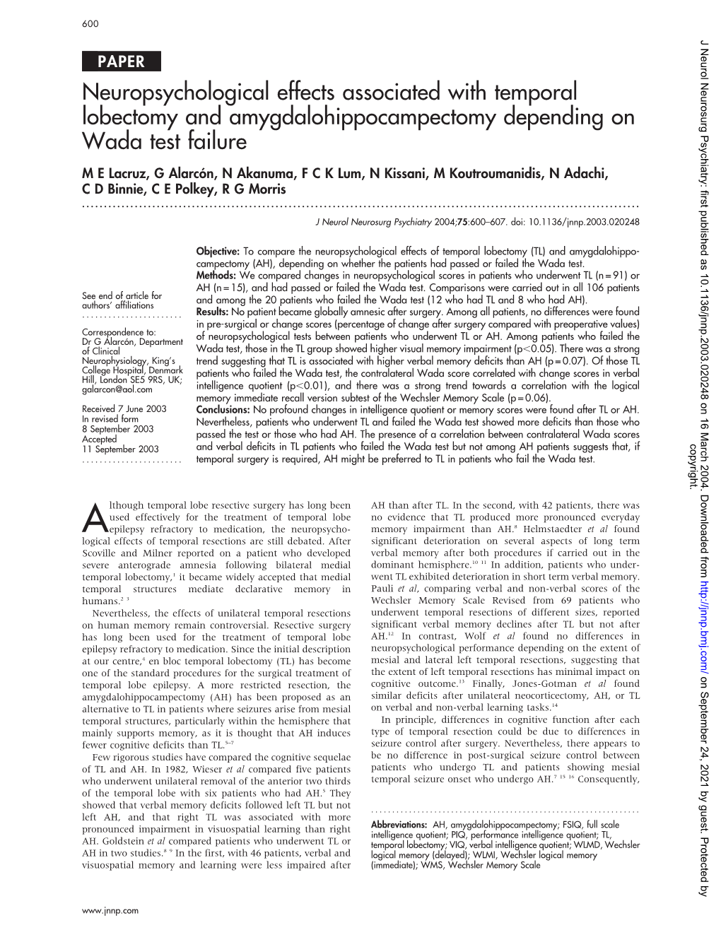 Neuropsychological Effects Associated with Temporal Lobectomy And