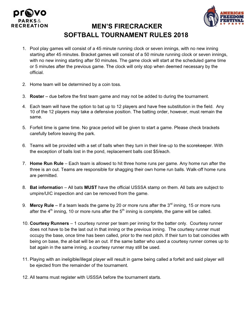 Men's Firecracker Softball Tournament Rules 2018