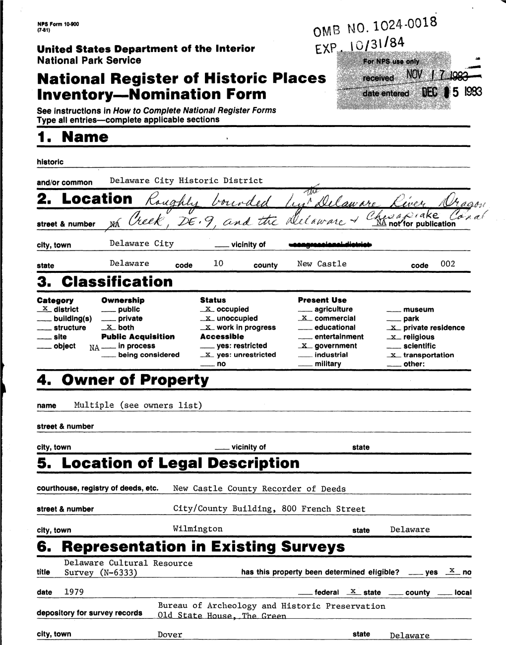 National Register of Historic Places Inventory Nomination Form 1. Name___2. Location 5. Location of Legal Descrip