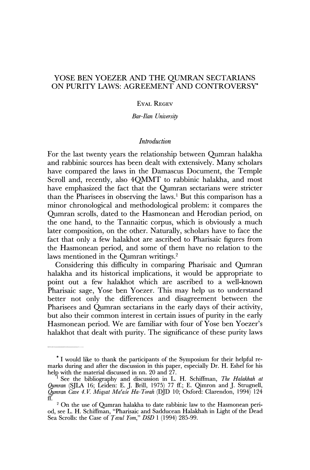 Yose Ben Yoezer and the Qumran Sectarians on Purity Laws: Agreement and Controversy'