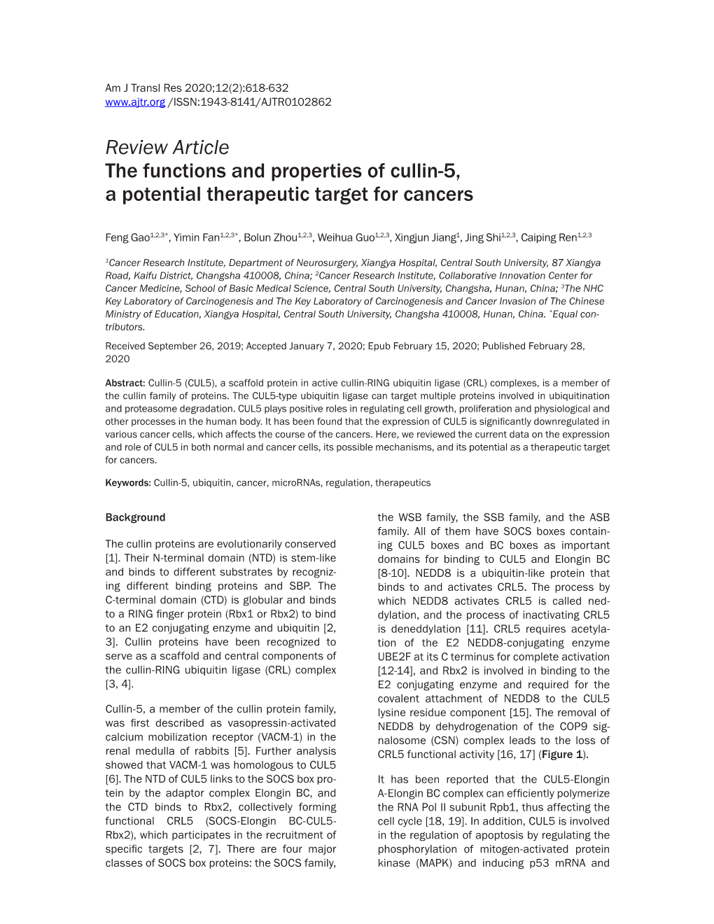 Review Article the Functions and Properties of Cullin-5, a Potential Therapeutic Target for Cancers