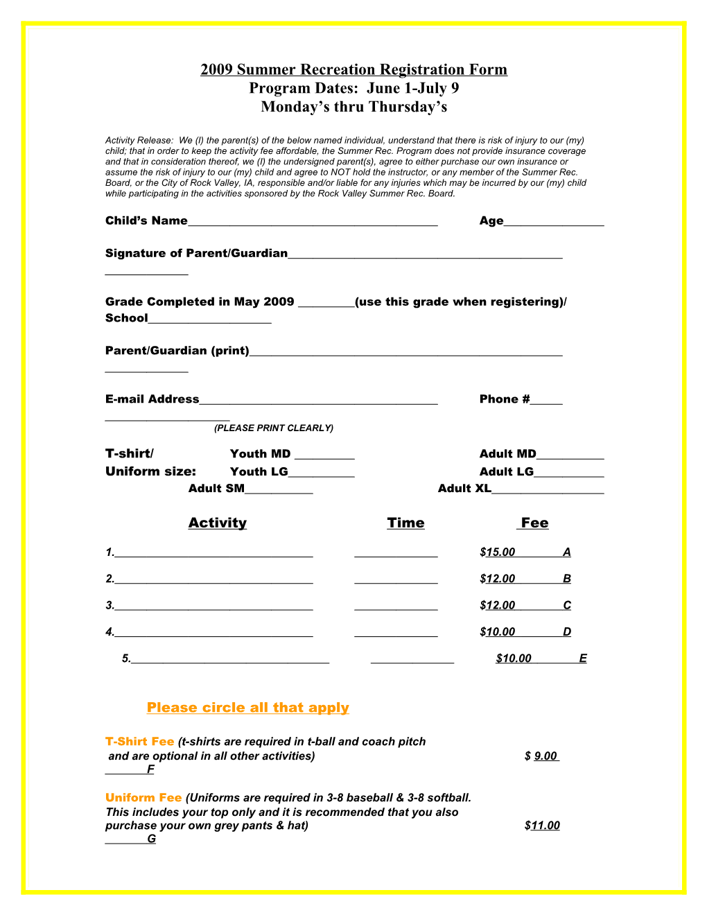 Summer Recreation Registration Form