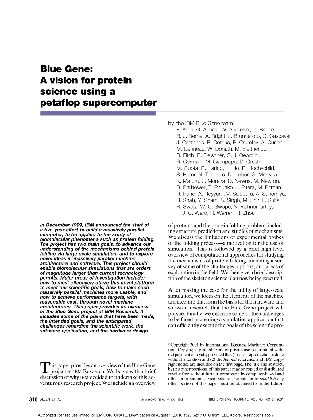 Blue Gene: a Vision for Protein Science Using a Petaflop Supercomputer