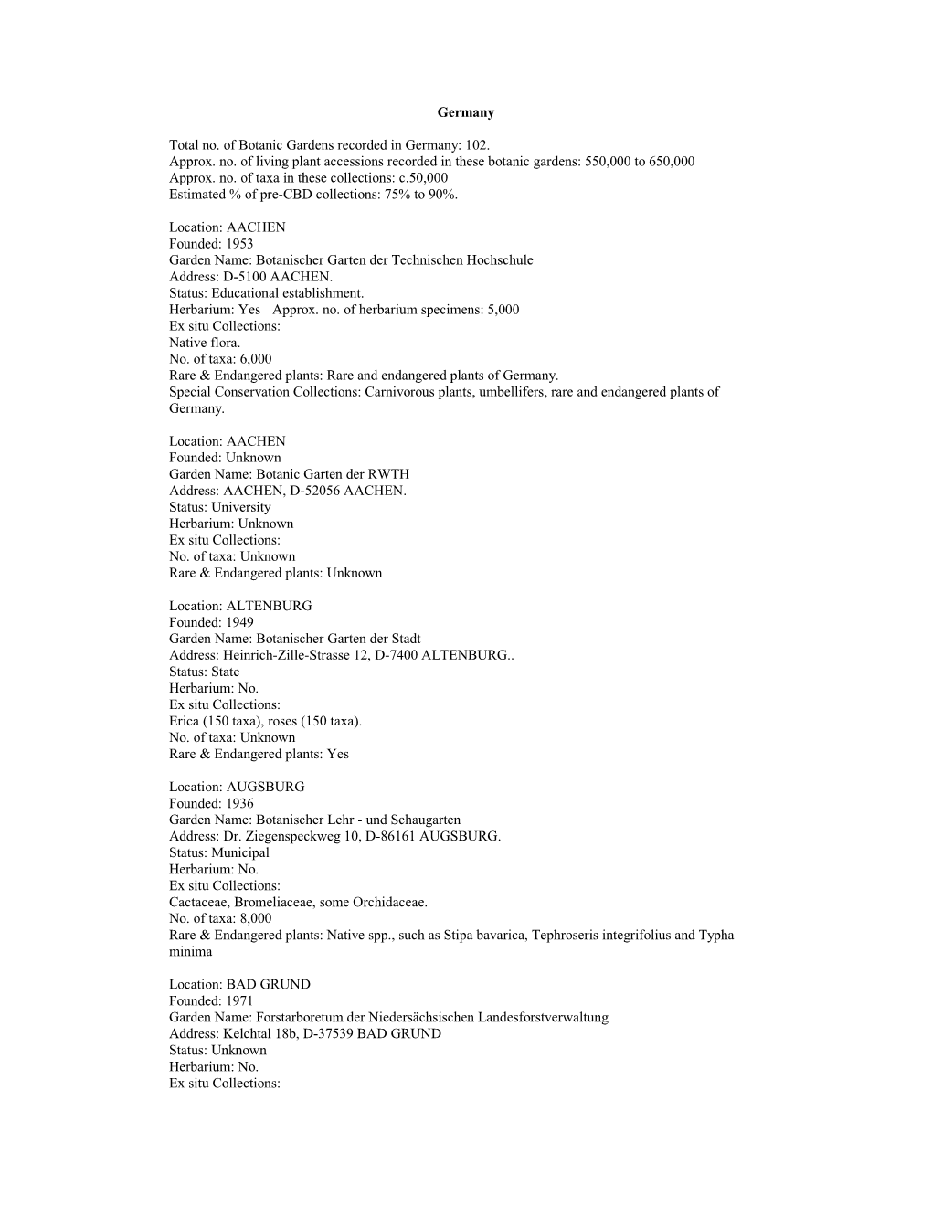 Germany Total No. of Botanic Gardens Recorded in Germany: 102. Approx. No. of Living Plant Accessions Recorded in These Botanic