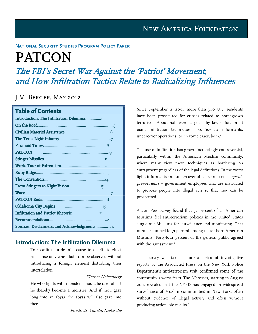 PATCON the FBI’S Secret War Against the ‘Patriot’ Movement, and How Infiltration Tactics Relate to Radicalizing Influences