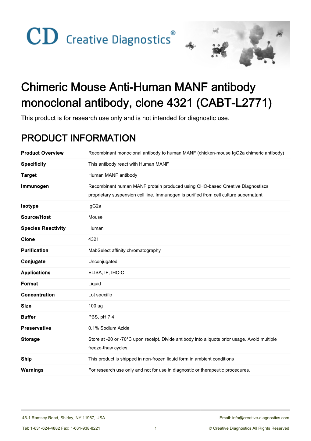Chimeric Mouse Anti-Human MANF Antibody Monoclonal Antibody, Clone 4321 (CABT-L2771) This Product Is for Research Use Only and Is Not Intended for Diagnostic Use