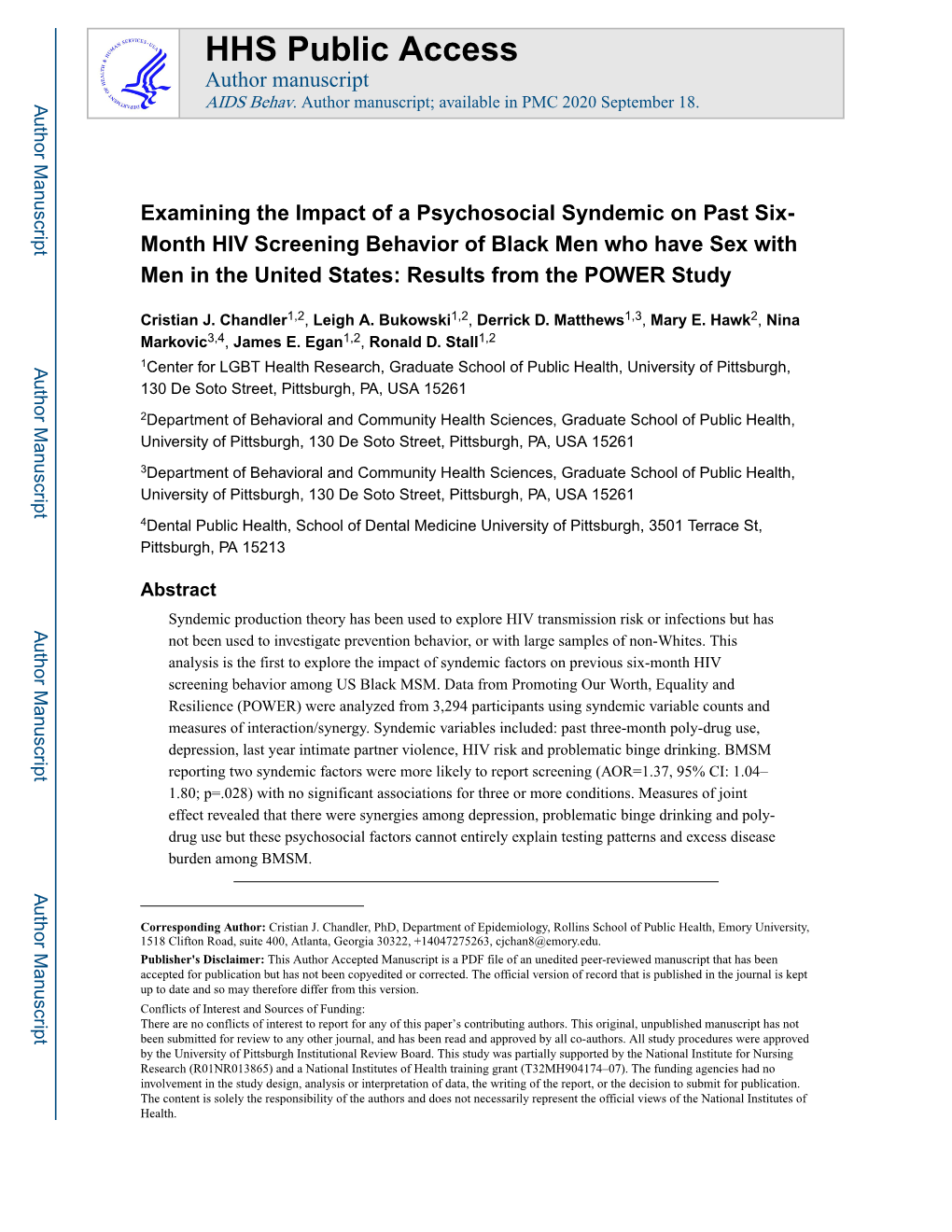 Examining the Impact of a Psychosocial Syndemic on Past Six