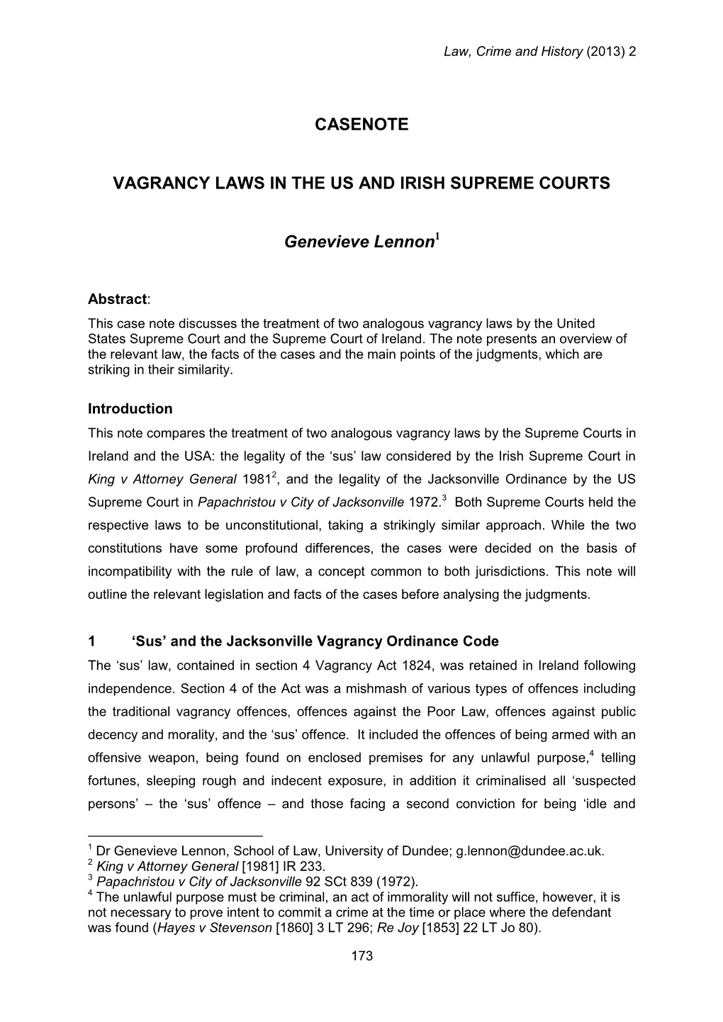 Casenote Vagrancy Laws in the Us and Irish Supreme