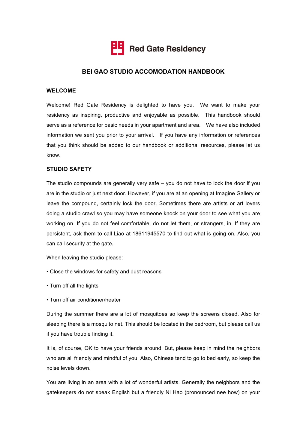 Bei Gao Studio Accomodation Handbook