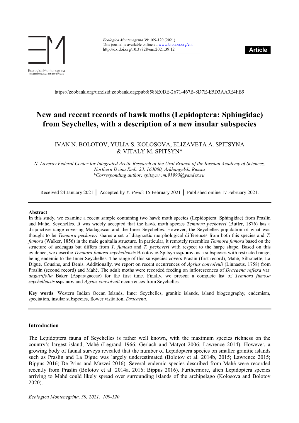 Lepidoptera: Sphingidae) from Seychelles, with a Description of a New Insular Subspecies