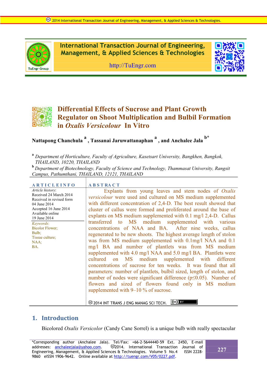 Differential Effects of Sucrose and Plant Growth Regulator on Shoot Multiplication and Bulbil Formation in Oxalis Versicolour in Vitro