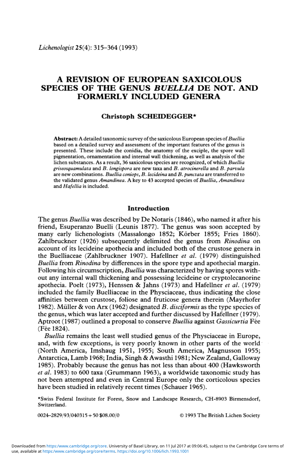 A Revision of European Saxicolous Species of the Genus Buellia De Not