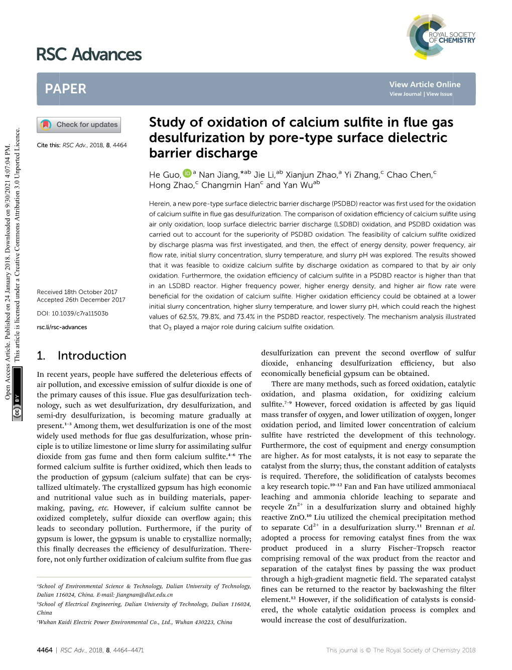 Study of Oxidation of Calcium Sulfite in Flue Gas Desulfurization by Pore-Type Surface Dielectric Barrier Discharge