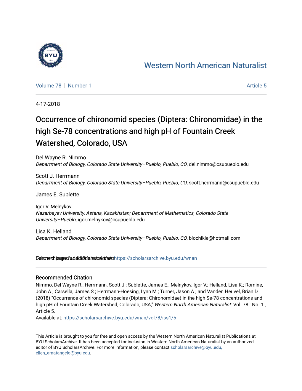 Diptera: Chironomidae) in the High Se-78 Concentrations and High Ph of Fountain Creek Watershed, Colorado, USA