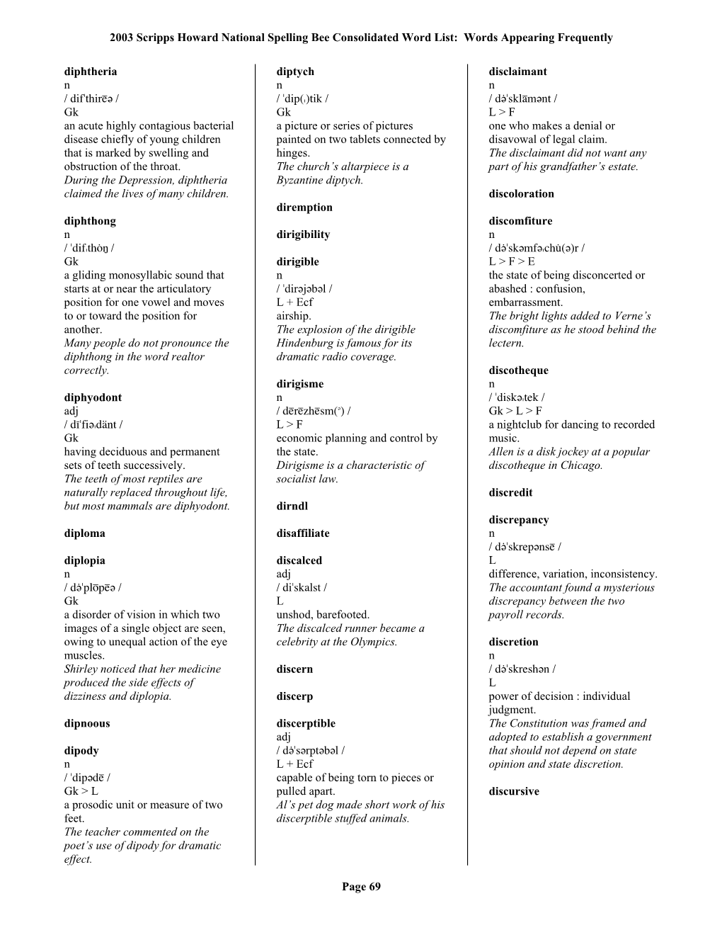 2003 Scripps Howard National Spelling Bee Consolidated Word List: Words Appearing Frequently Page 69 Diphtheria N / Difsthirge