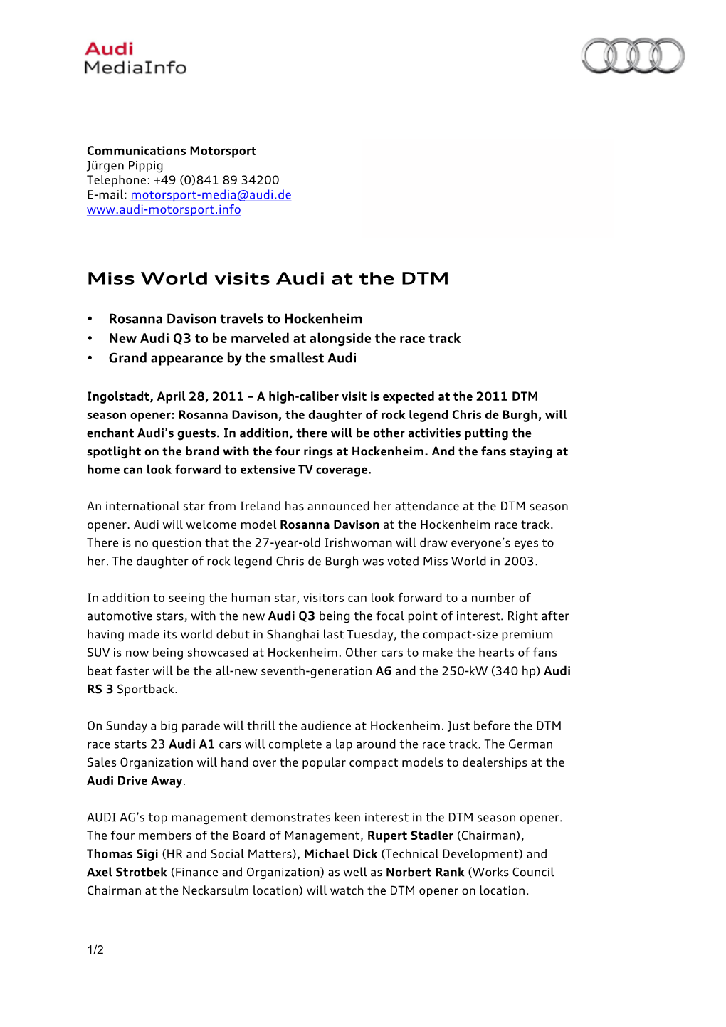 Miss World Visits Audi at the DTM