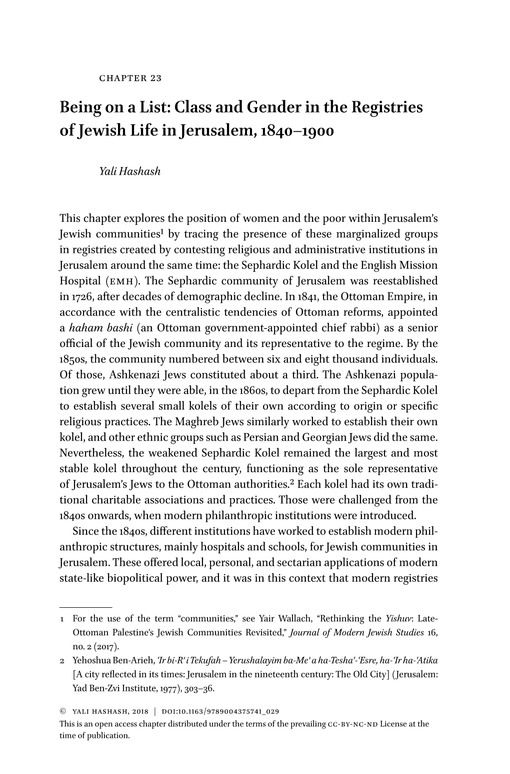 Class and Gender in the Registries of Jewish Life in Jerusalem, 1840–1900