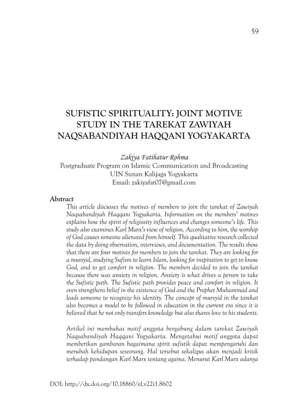 Joint Motive Study in the Tarekat Zawiyah Naqsabandiyah Haqqani Yogyakarta
