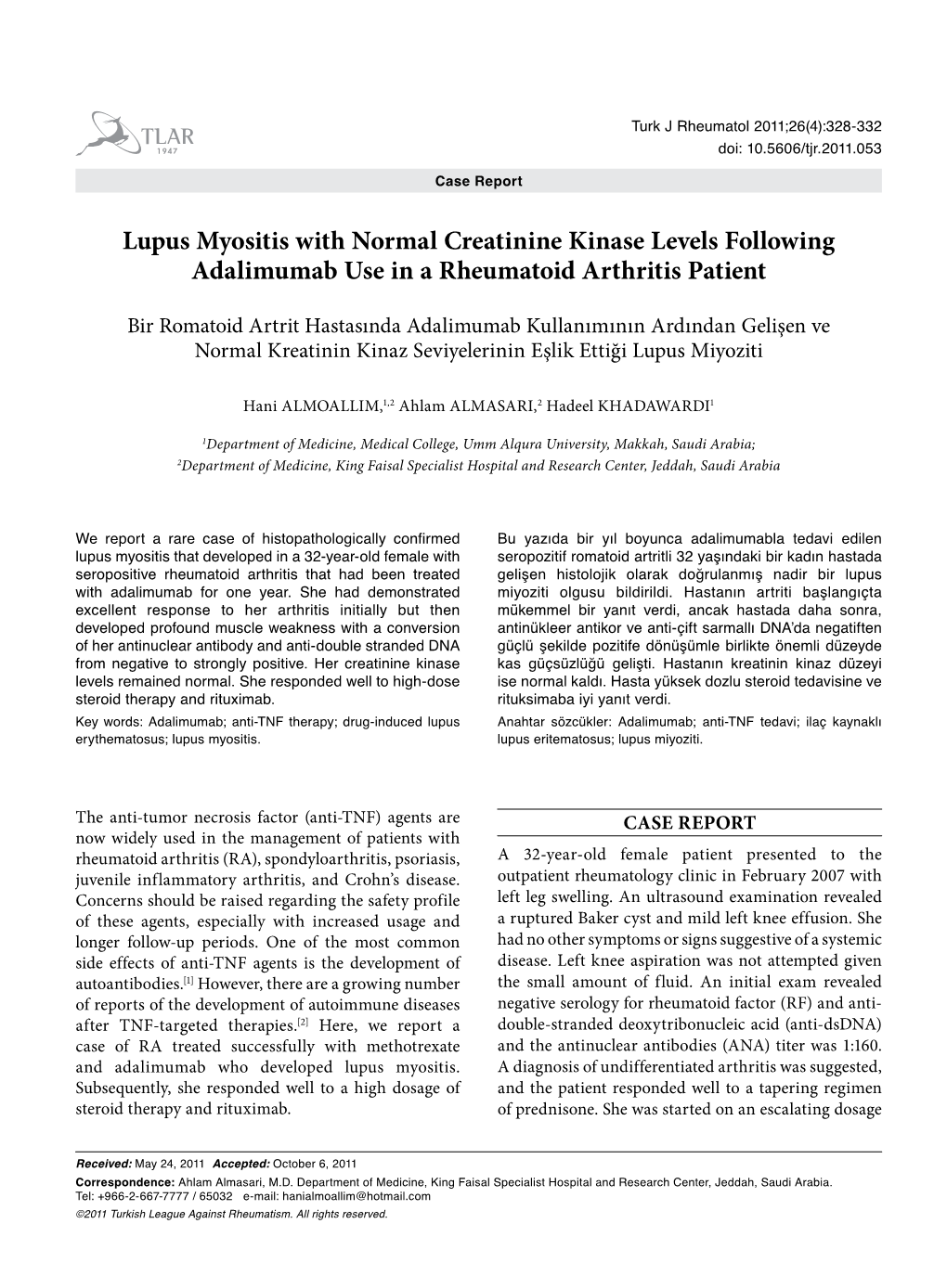 Lupus Myositis with Normal Creatinine Kinase Levels Following Adalimumab Use in a Rheumatoid Arthritis Patient