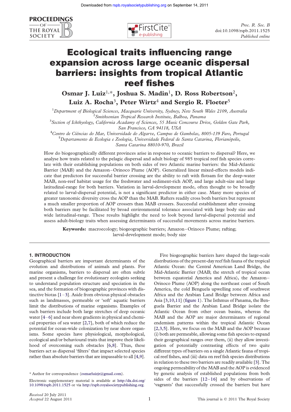 Ecological Traits Influencing Range Expansion Across Large Oceanic