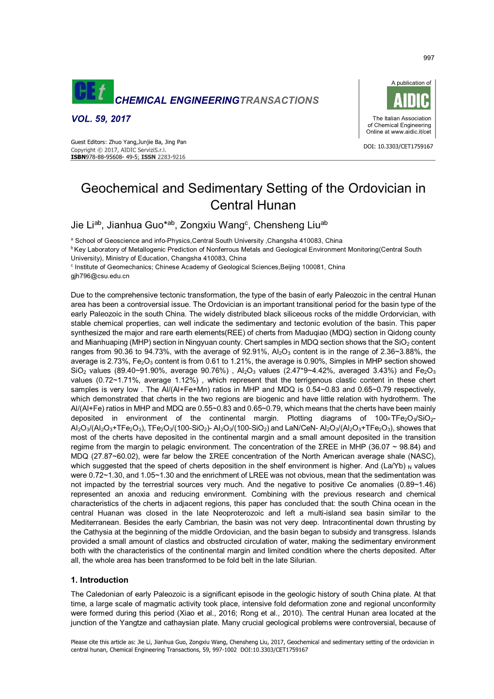 Geochemical and Sedimentary Setting of the Ordovician in Central Hunan, Chemical Engineering Transactions, 59, 997-1002 DOI:10.3303/CET1759167