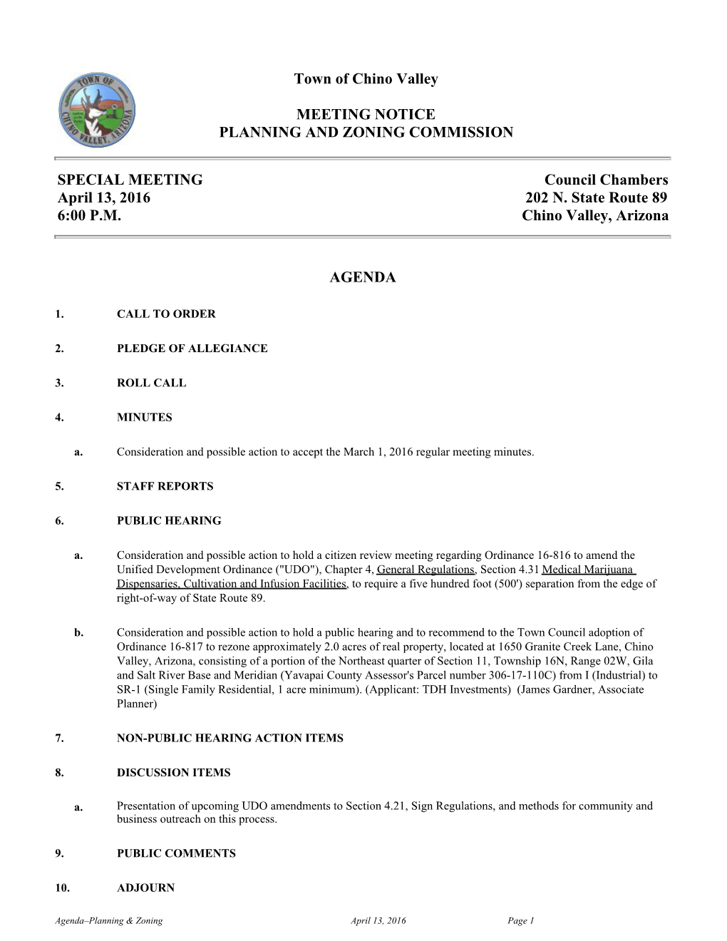 Town of Chino Valley MEETING NOTICE PLANNING and ZONING