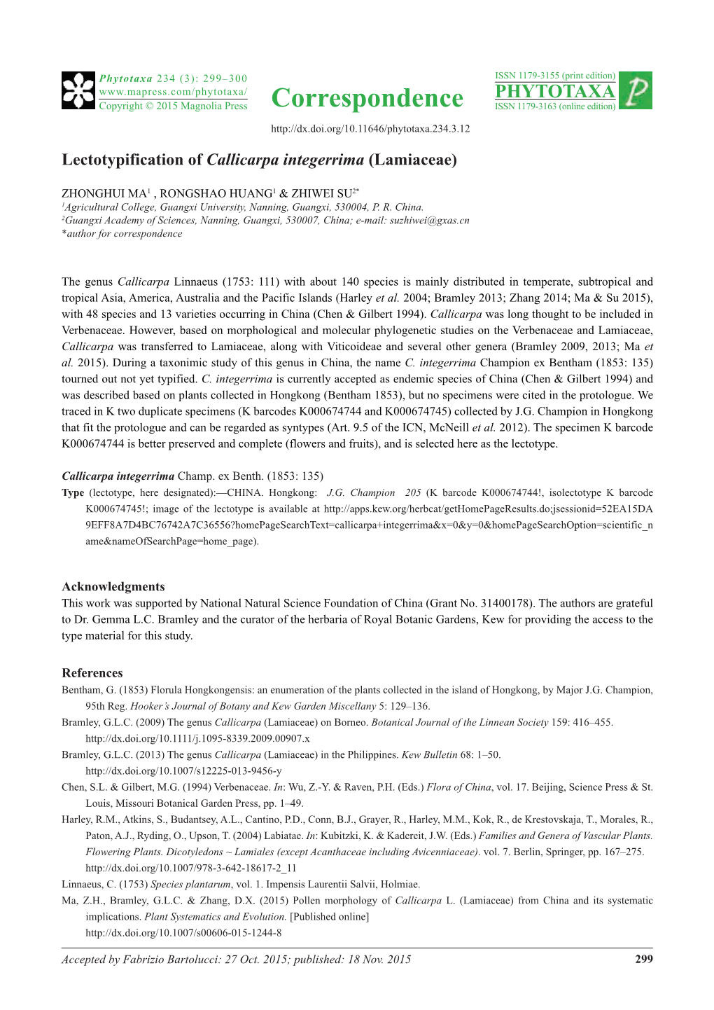 Lectotypification of Callicarpa Integerrima (Lamiaceae)