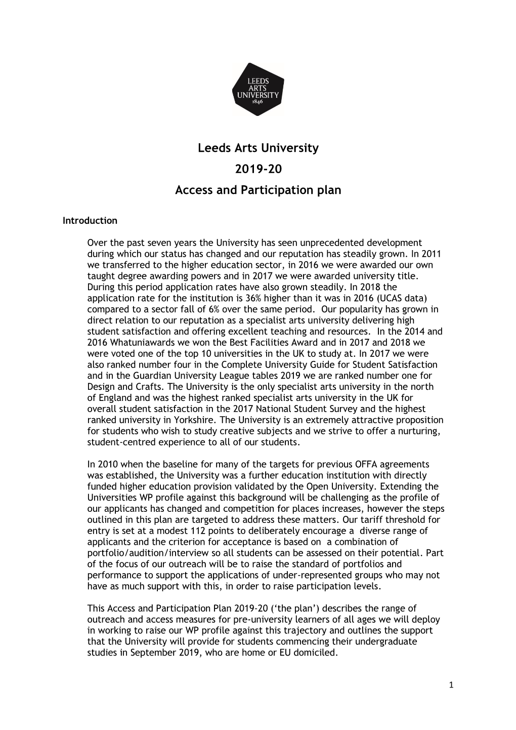 Leeds Arts University 2019-20 Access and Participation Plan