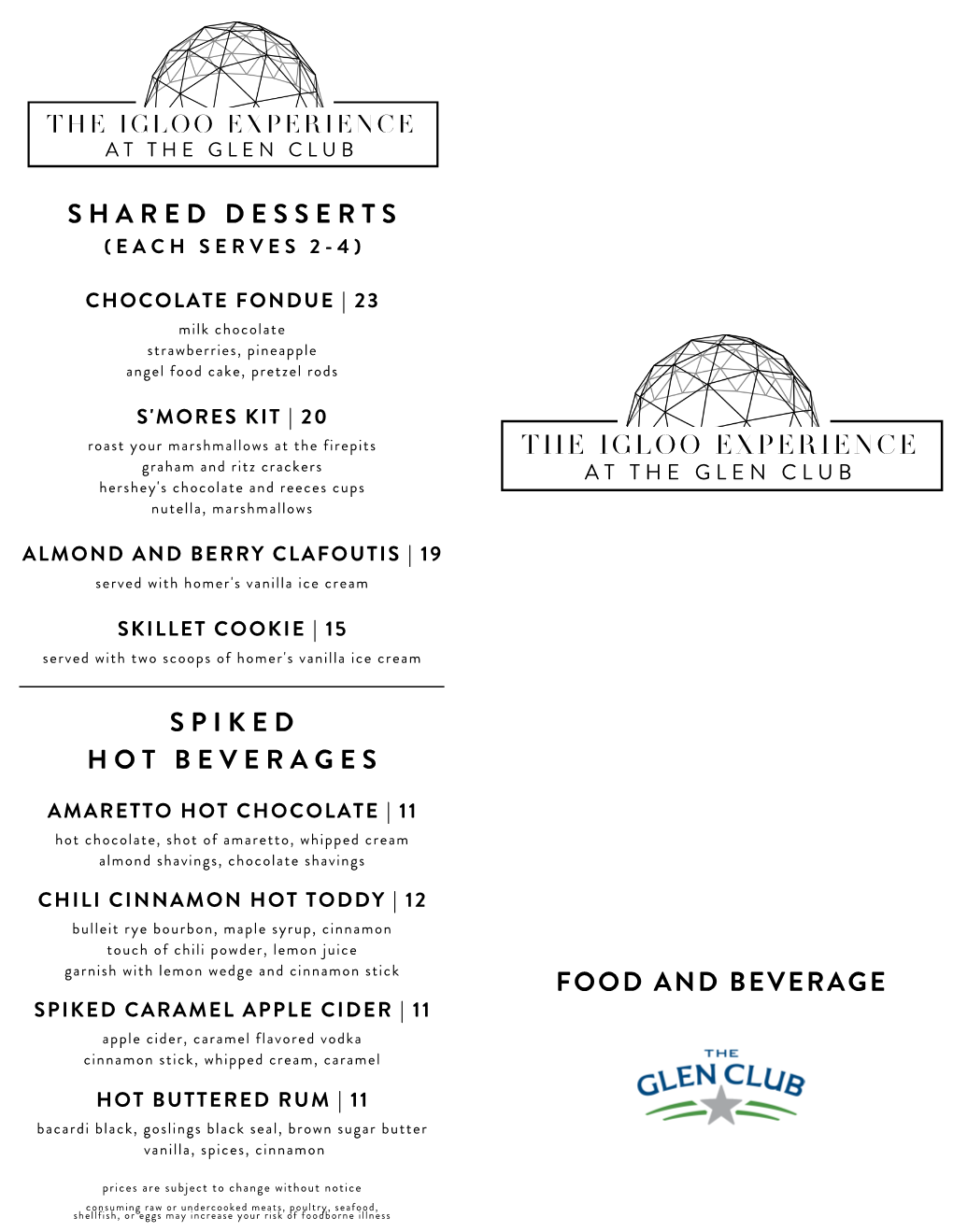 Igloo Experience Menu