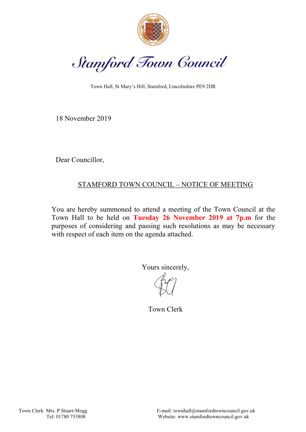 18 November 2019 Dear Councillor, STAMFORD TOWN COUNCIL