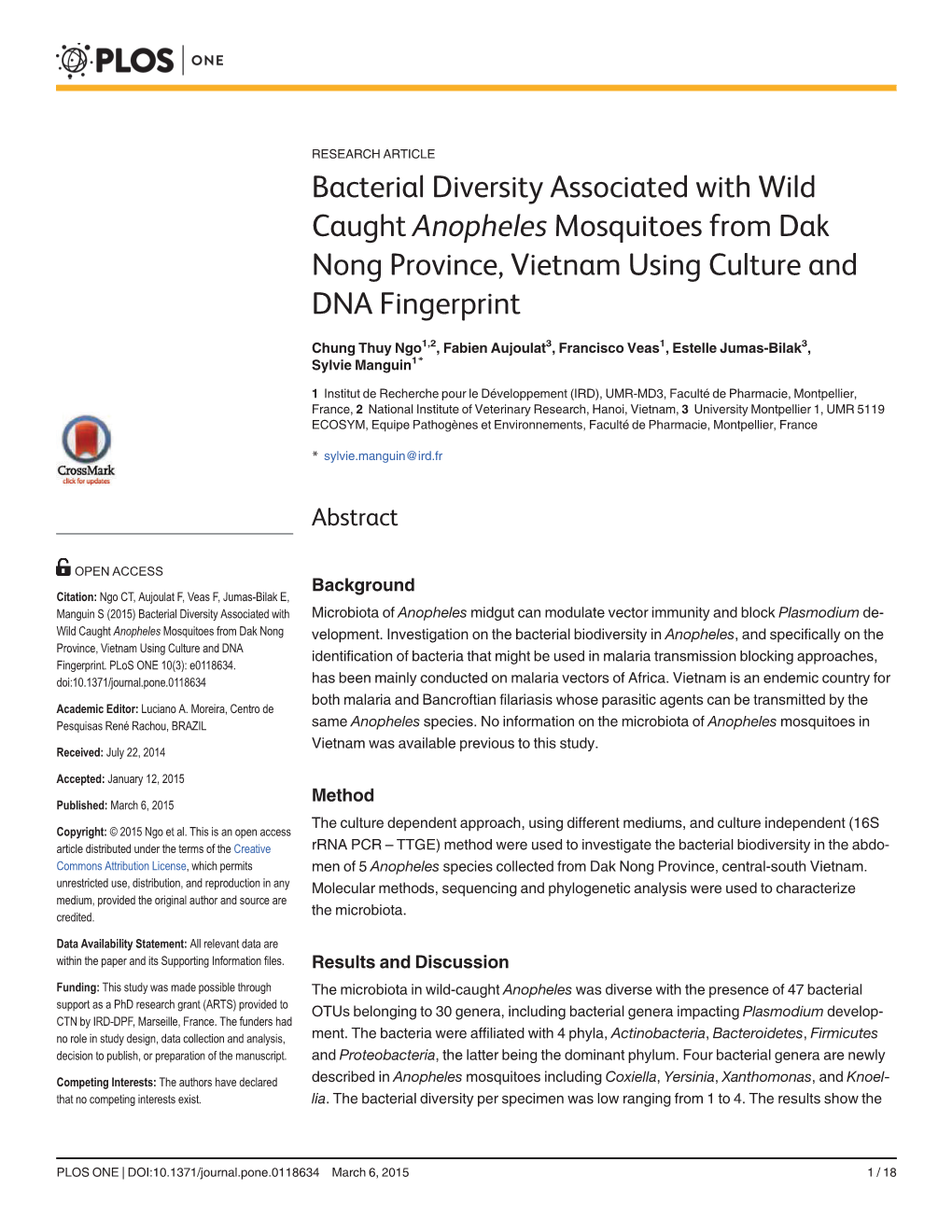 Bacterial Diversity Associated with Wild Caught Anopheles Mosquitoes from Dak Nong Province, Vietnam Using Culture and DNA Fingerprint