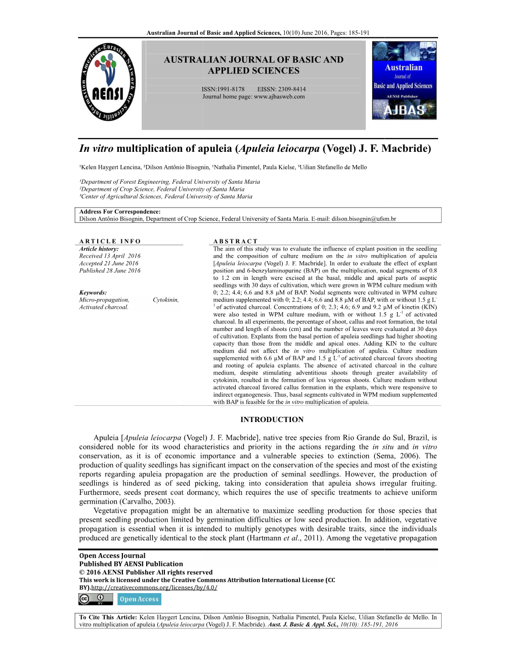 In Vitro Multiplication of Apuleia (Apuleia Leiocarpa (Vogel) J