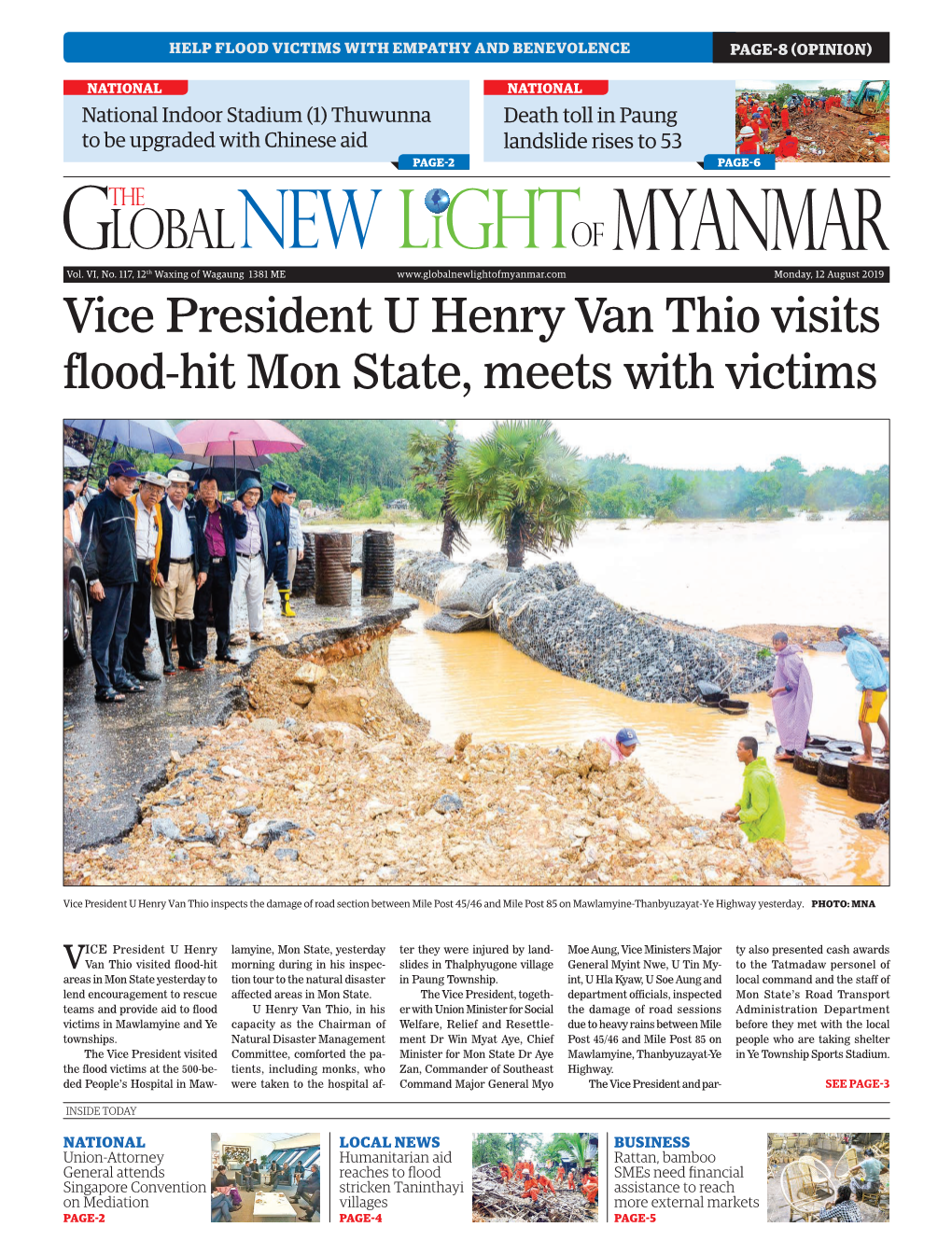 Vice President U Henry Van Thio Visits Flood-Hit Mon State, Meets with Victims