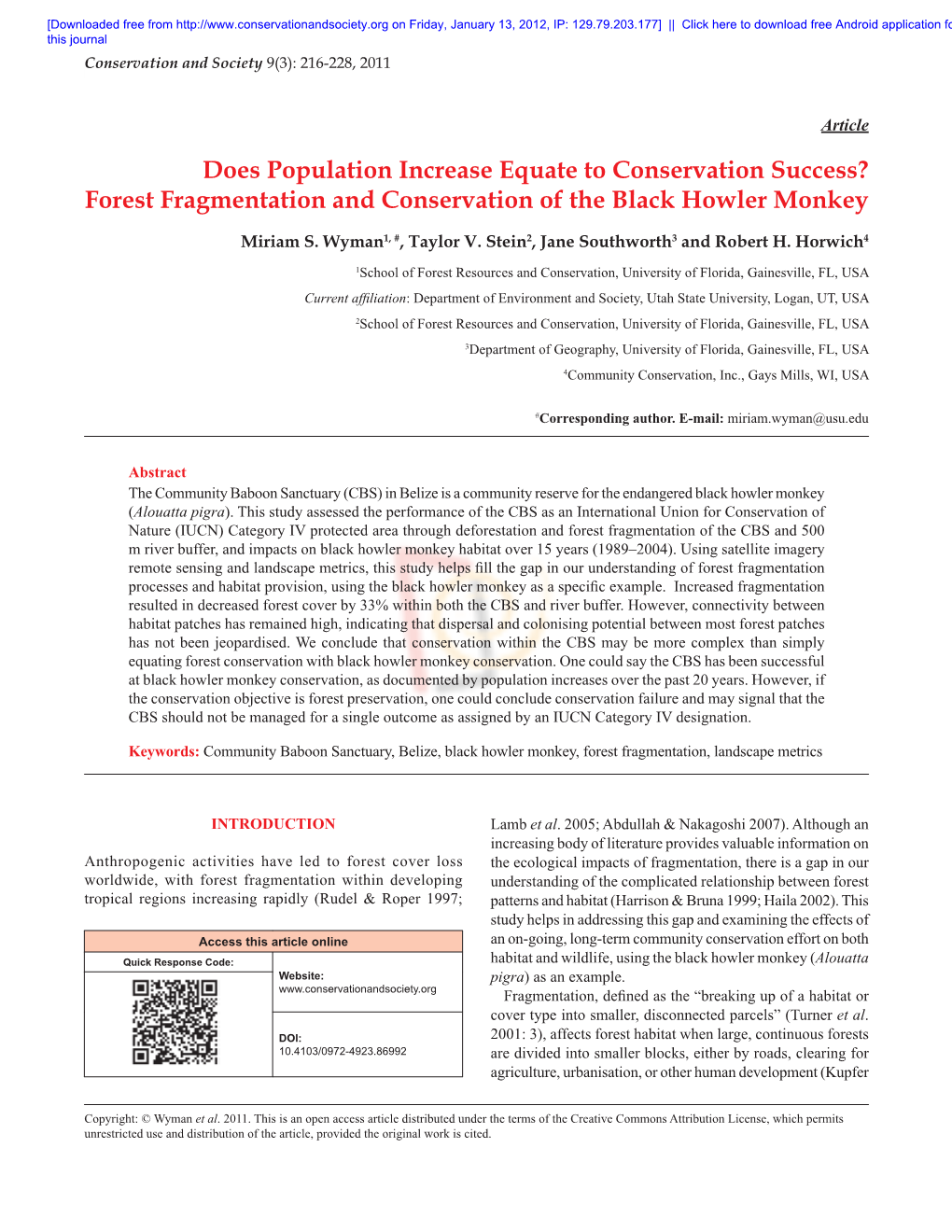 Forest Fragmentation and Conservation of the Black Howler Monkey