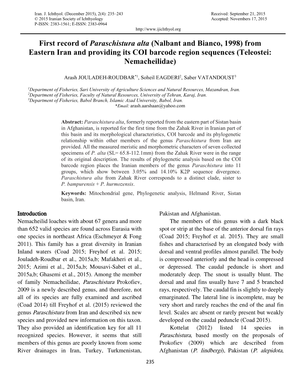 First Record of Paraschistura Alta (Nalbant and Bianco, 1998) from Eastern Iran and Providing Its COI Barcode Region Sequences (Teleostei: Nemacheilidae)