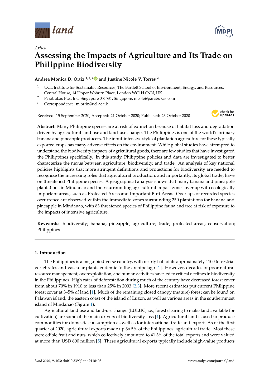 Assessing the Impacts of Agriculture and Its Trade on Philippine Biodiversity