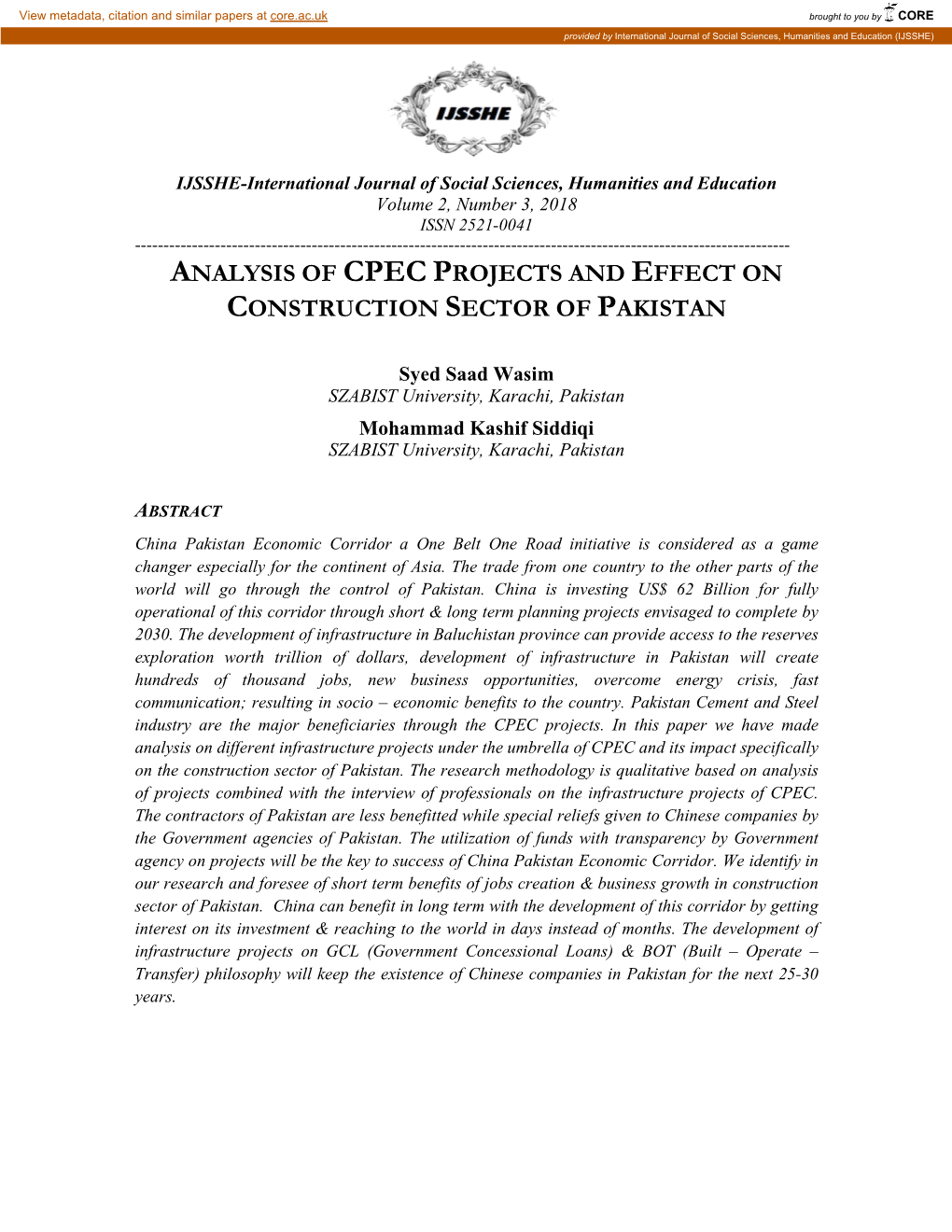 Analysis of Cpec Projects and Effect on Construction Sector of Pakistan