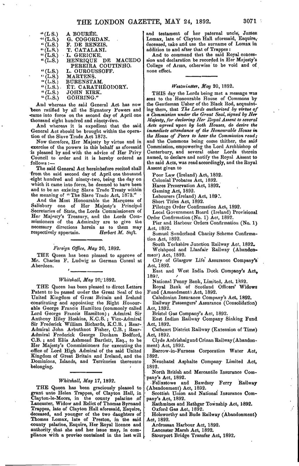 The London Gazette, May 24, 1892. 3071 "(Ls.) a Bouree