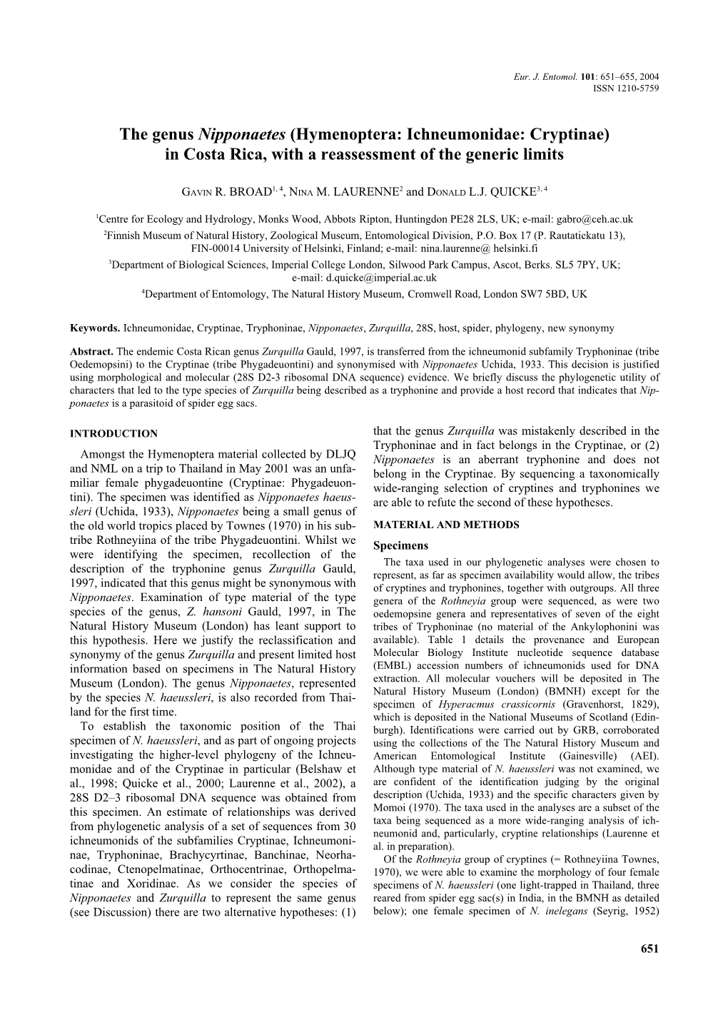 The Genus Nipponaetes (Hymenoptera: Ichneumonidae: Cryptinae) in Costa Rica, with a Reassessment of the Generic Limits