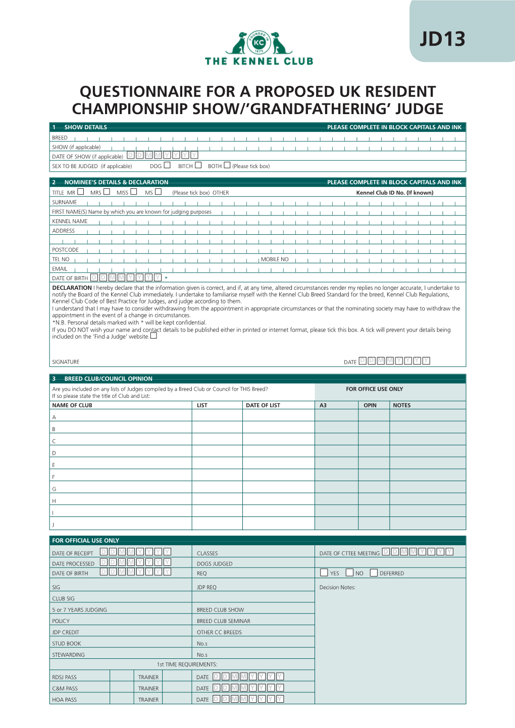 Questionnaire for a Proposed Uk Resident Championship Show/’Grandfathering’ Judge