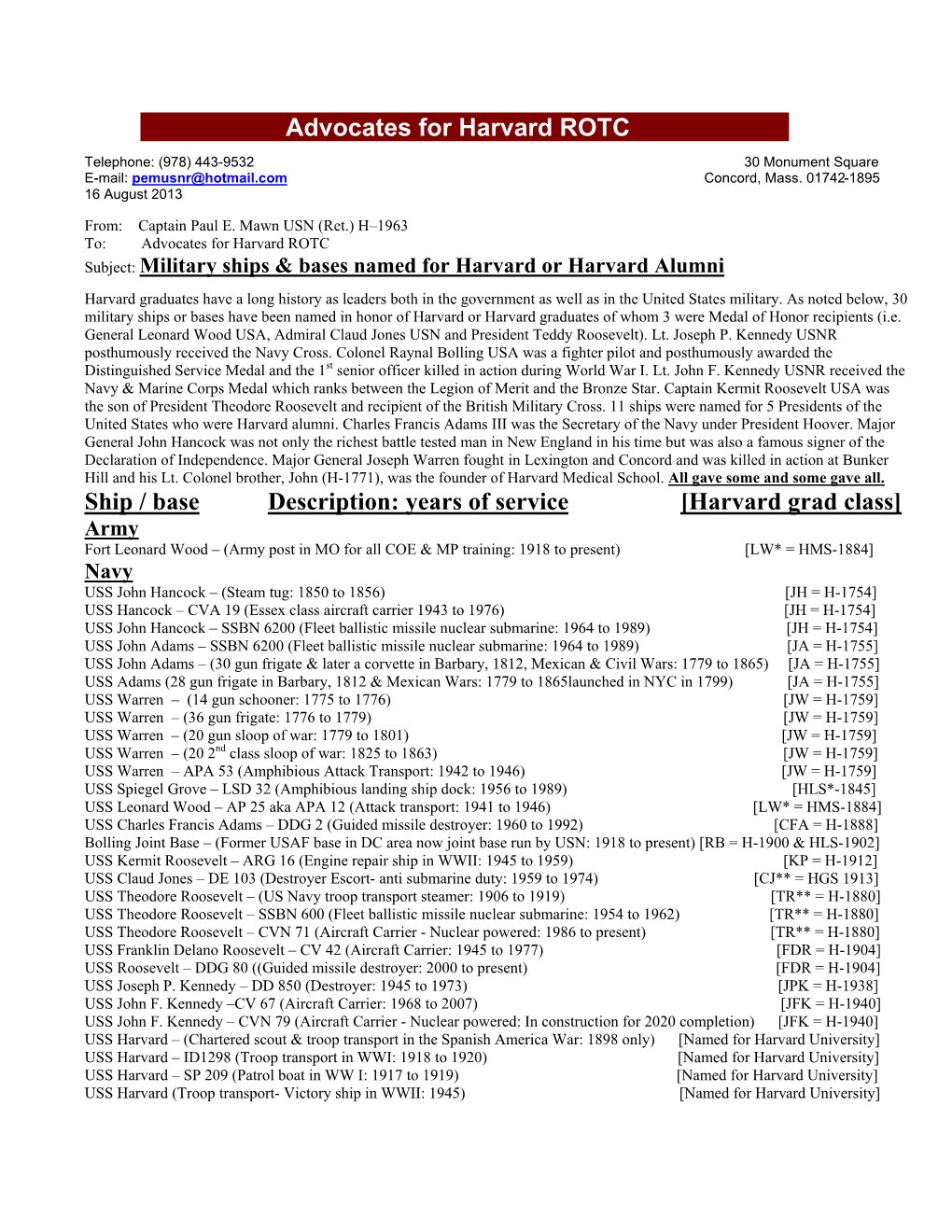 US Ships and Military Bases Named for Harvard